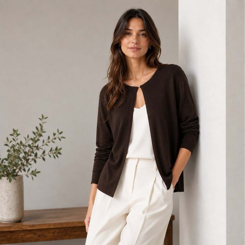 Eileen Fisher Espresso Brown Cardigan Open Front Clasp Viscose Blend Sz S